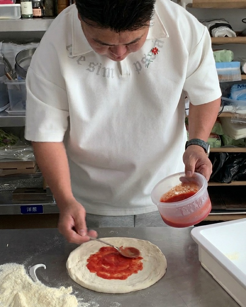 Łyżka jasnoczerwonego sosu pomidorowego rozprowadzana na surowym spodzie pizzy.