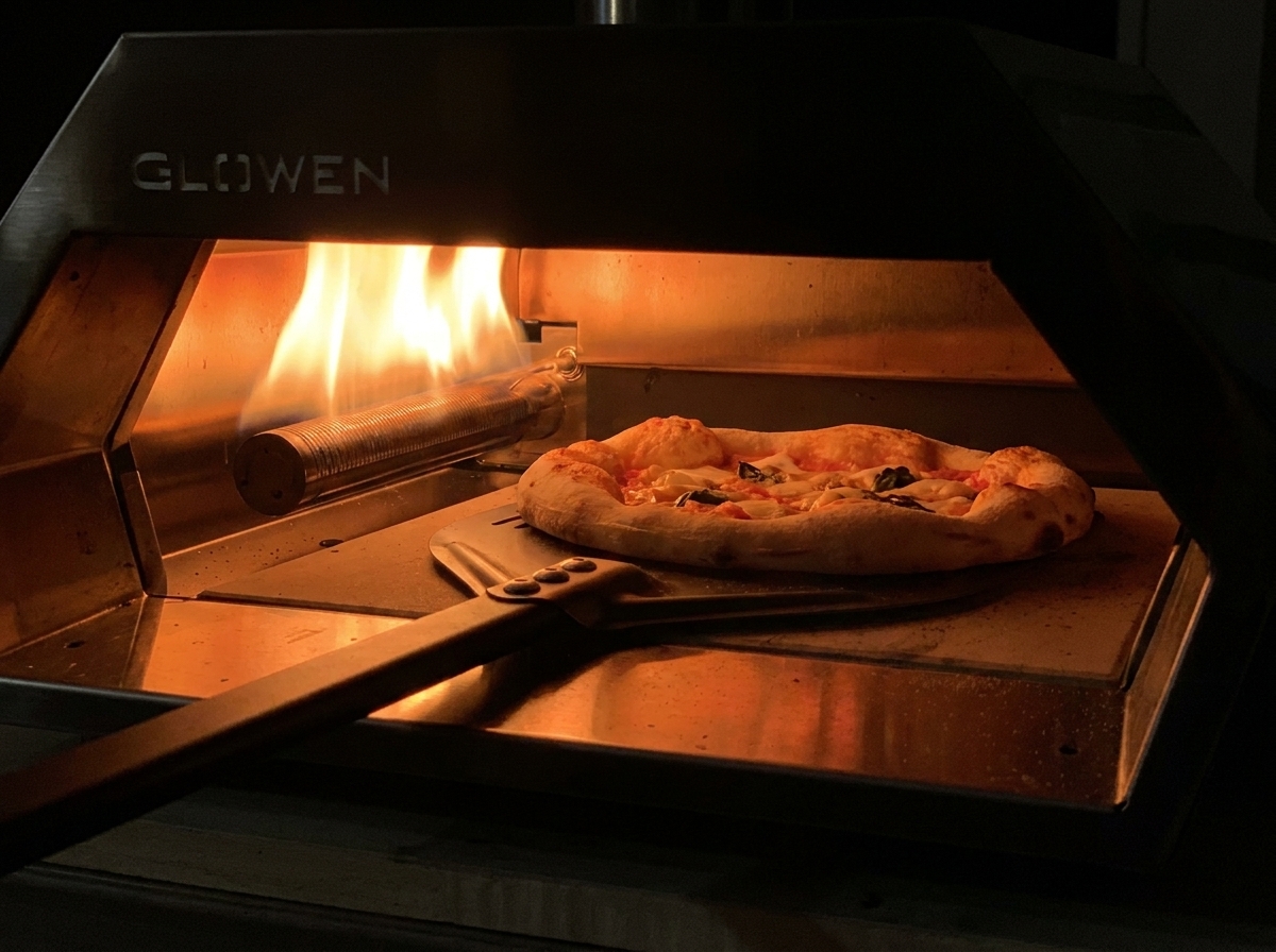 Łopata obracająca częściowo upieczoną pizzę w piecu gazowym, aby równomiernie zarumienić brzegi.
