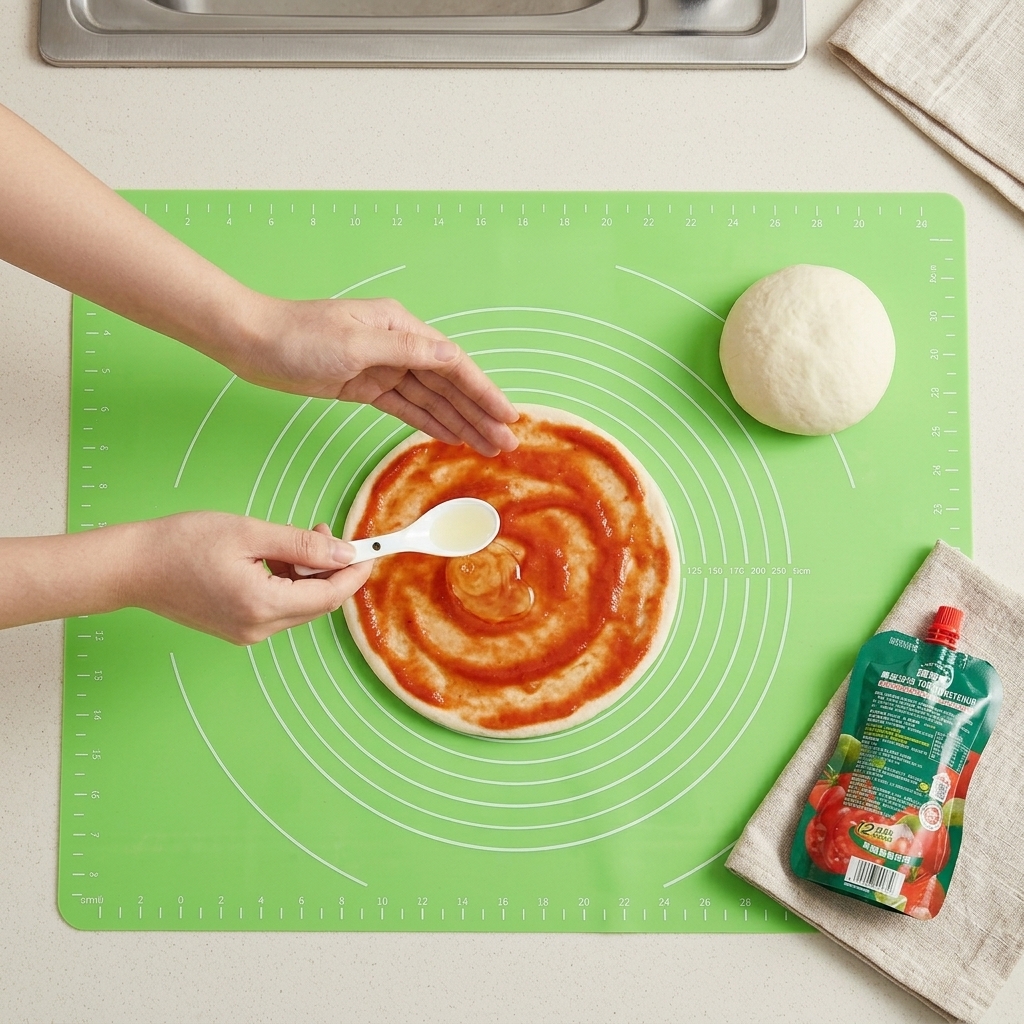 Łyżka oliwy skrapiana na przyprawioną bazę pizzy.
