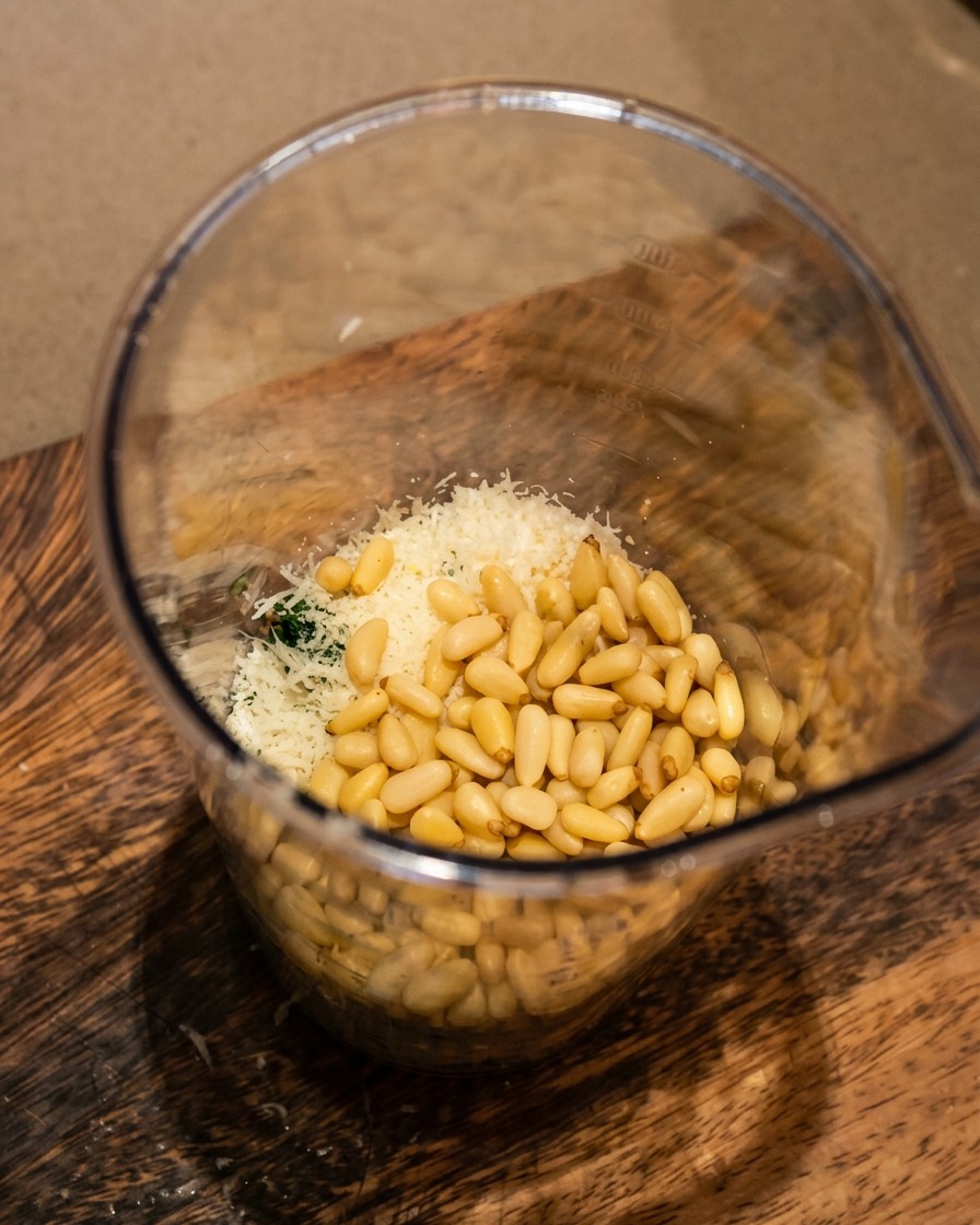 Kielich blendera wypełniony składnikami na pesto, z wyraźnie widocznymi orzeszkami piniowymi, serem i ziołami czekającymi na blendowanie.
