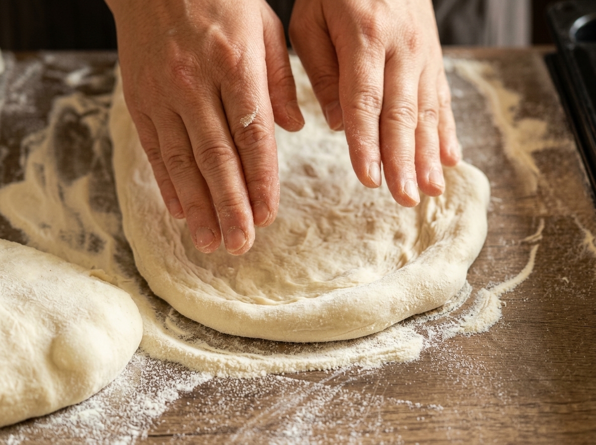 Dwie dłonie delikatnie rozciągające i formujące kawałek ciasta na pizzę w koło na drewnianej desce.