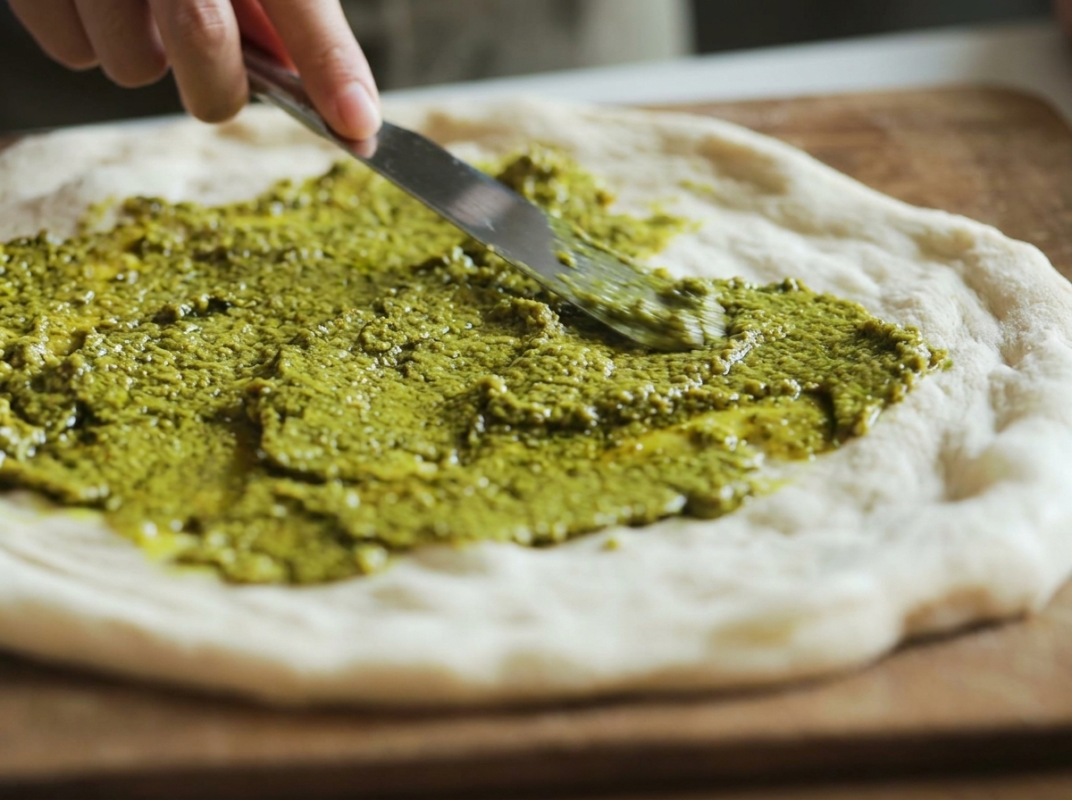 Dłoń używająca metalowej szpatułki do równomiernego rozprowadzenia jasnozielonego pesto bazyliowego na surowym, okrągłym spodzie pizzy.