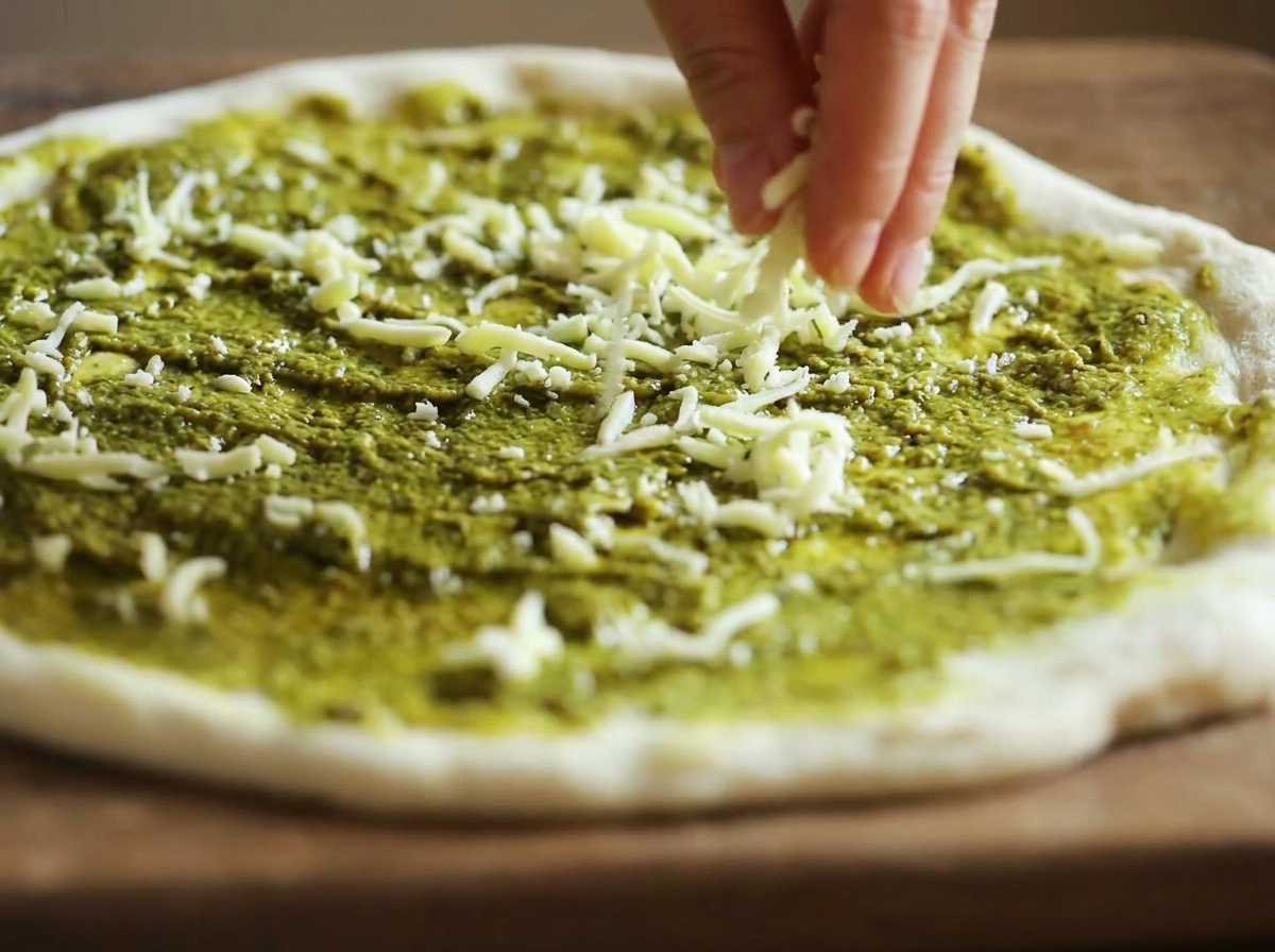 Palce posypujące startą białą mozzarellą równomiernie po spodzie pizzy pokrytym pesto.