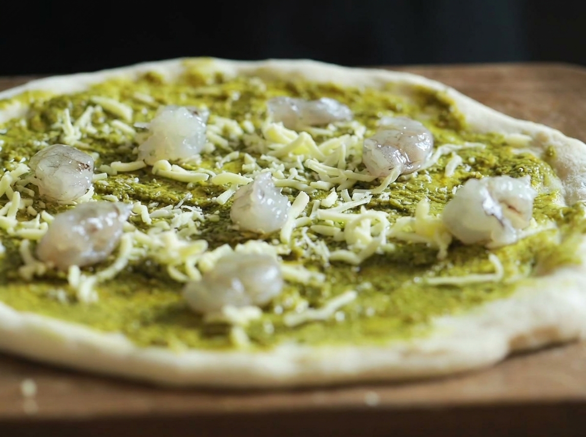 Spód pizzy pokryty zielonym pesto i startą mozzarellą, z kilkoma surowymi krewetkami ułożonymi na wierzchu.