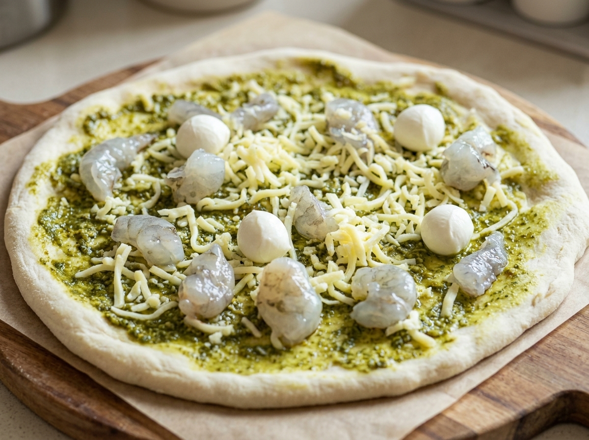 Pizza złożona z pesto, krewetek, tartej mozzarelli i kulek świeżej mozzarelli przygotowana do pieczenia.