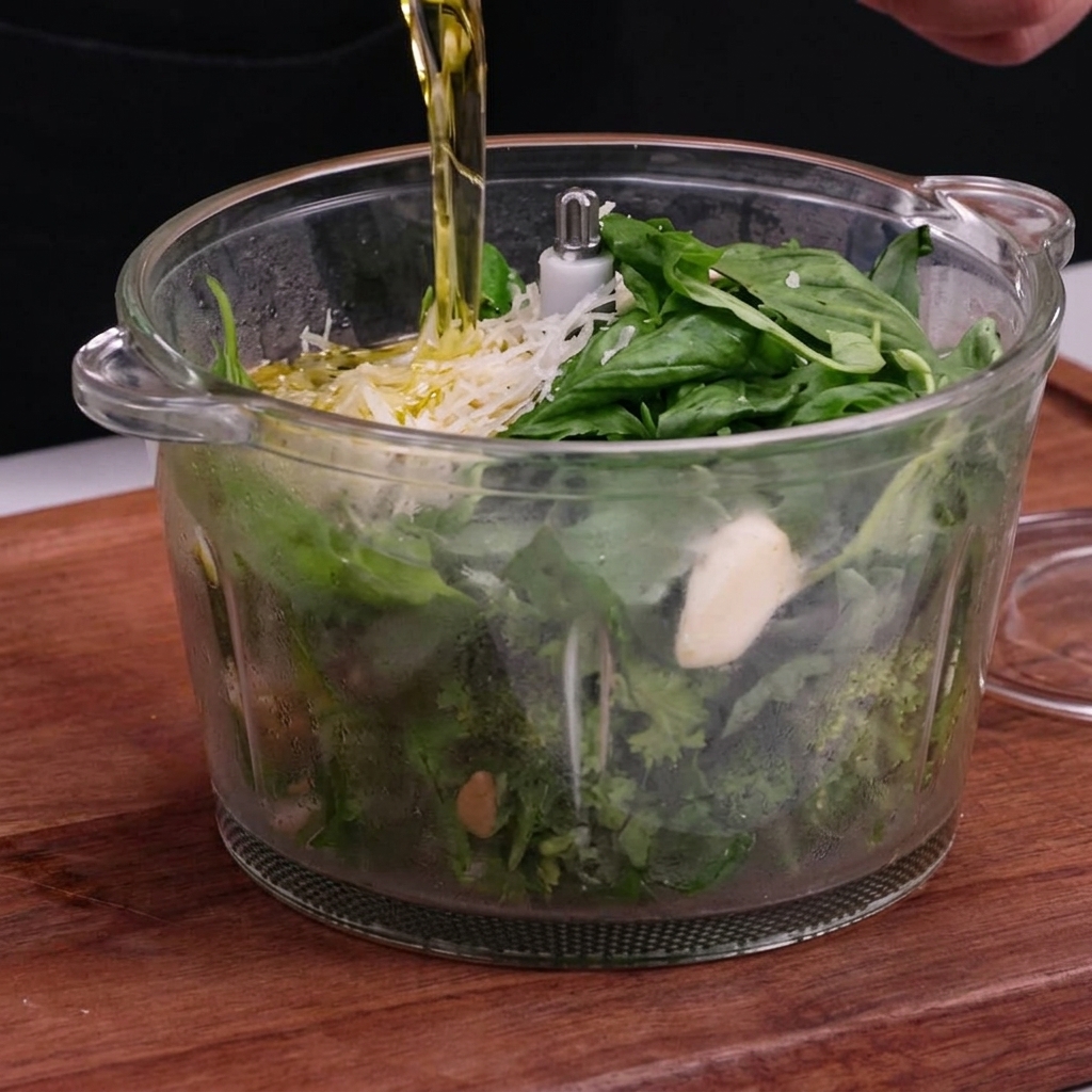 Domowe zielone pesto miksowane na gładką, gęstą pastę.