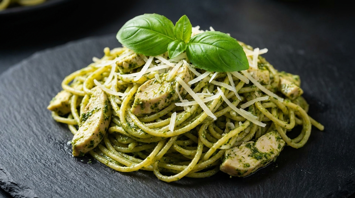 Miska spaghetti z pesto, kurczakiem i rukolą, posypana parmezanem i świeżą bazylią.