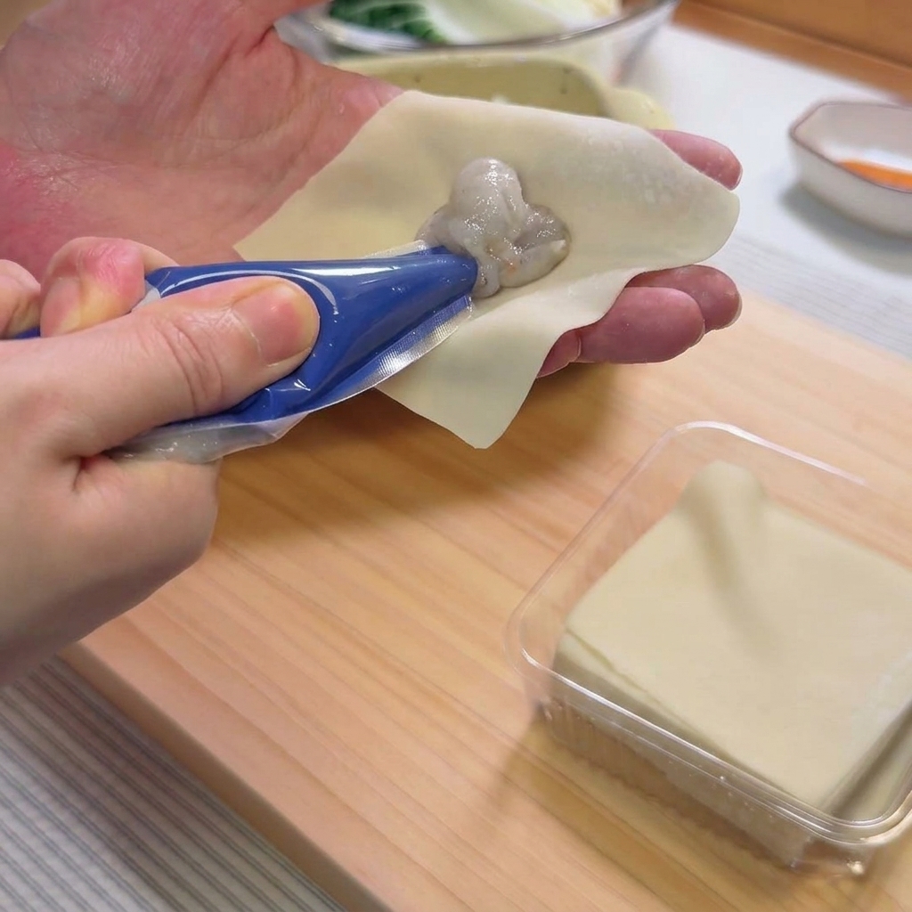 Dłoń kształtująca wonton poprzez zbieranie brzegów ciasta do środka.