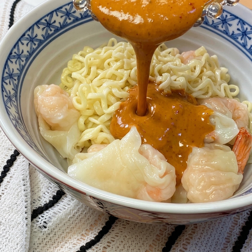 Zbliżenie na sos polewający miskę makaronu z wontonami.