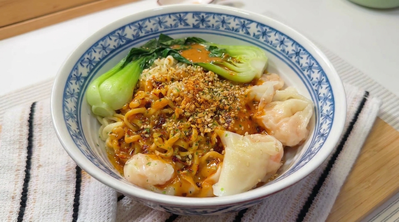 Pikantny makaron z pastą sezamową i wontonami z krewetkami