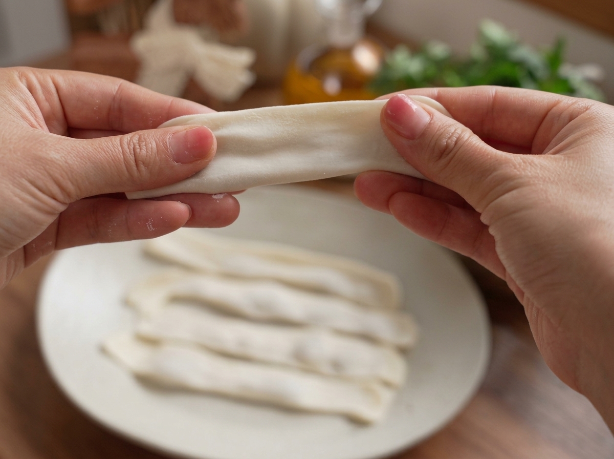 Dłonie ostrożnie rozciągające zamknięty pierożek w długi, płaski makaron.