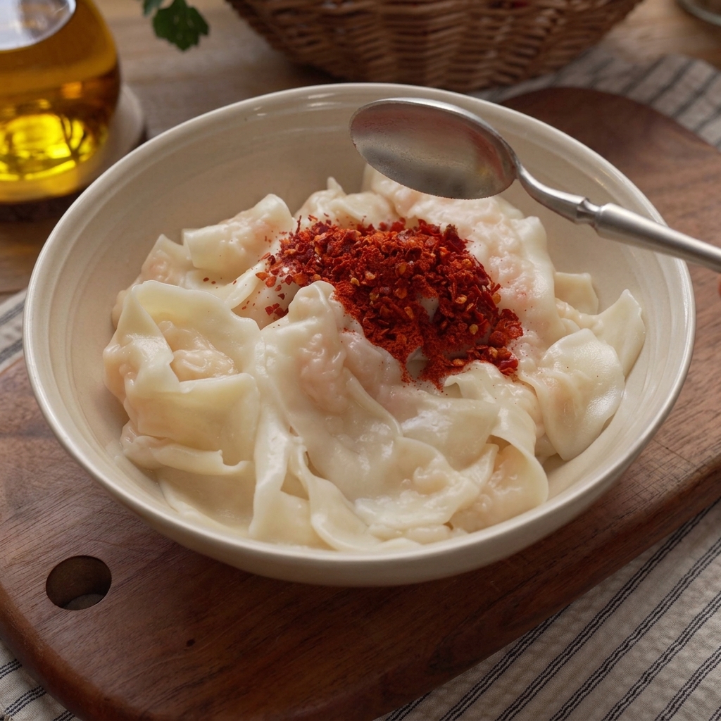 Miska z makaronem posypana chili, sezamem i czosnkiem.