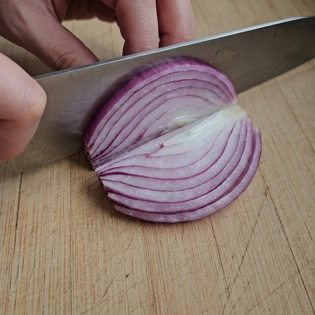 Cienkie paski czerwonej cebuli przygotowane na drewnianej desce do krojenia.