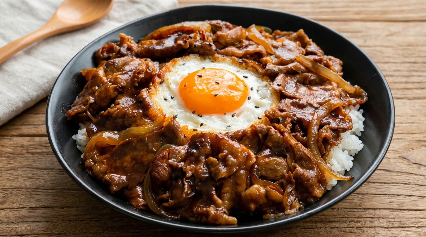 Klasyczna japońska wołowina z ryżem (Gyudon)
