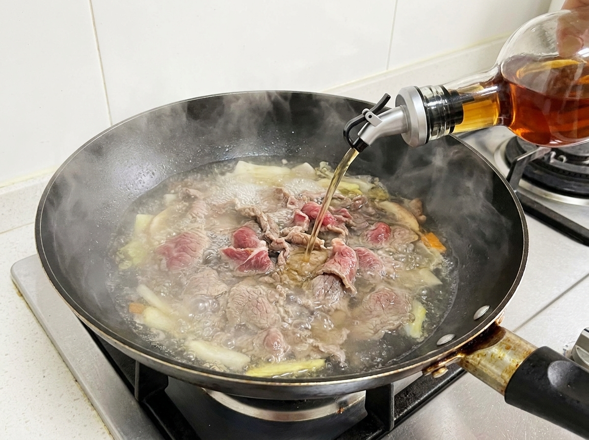 Wino do gotowania wlewane do garnka z wołowiną.