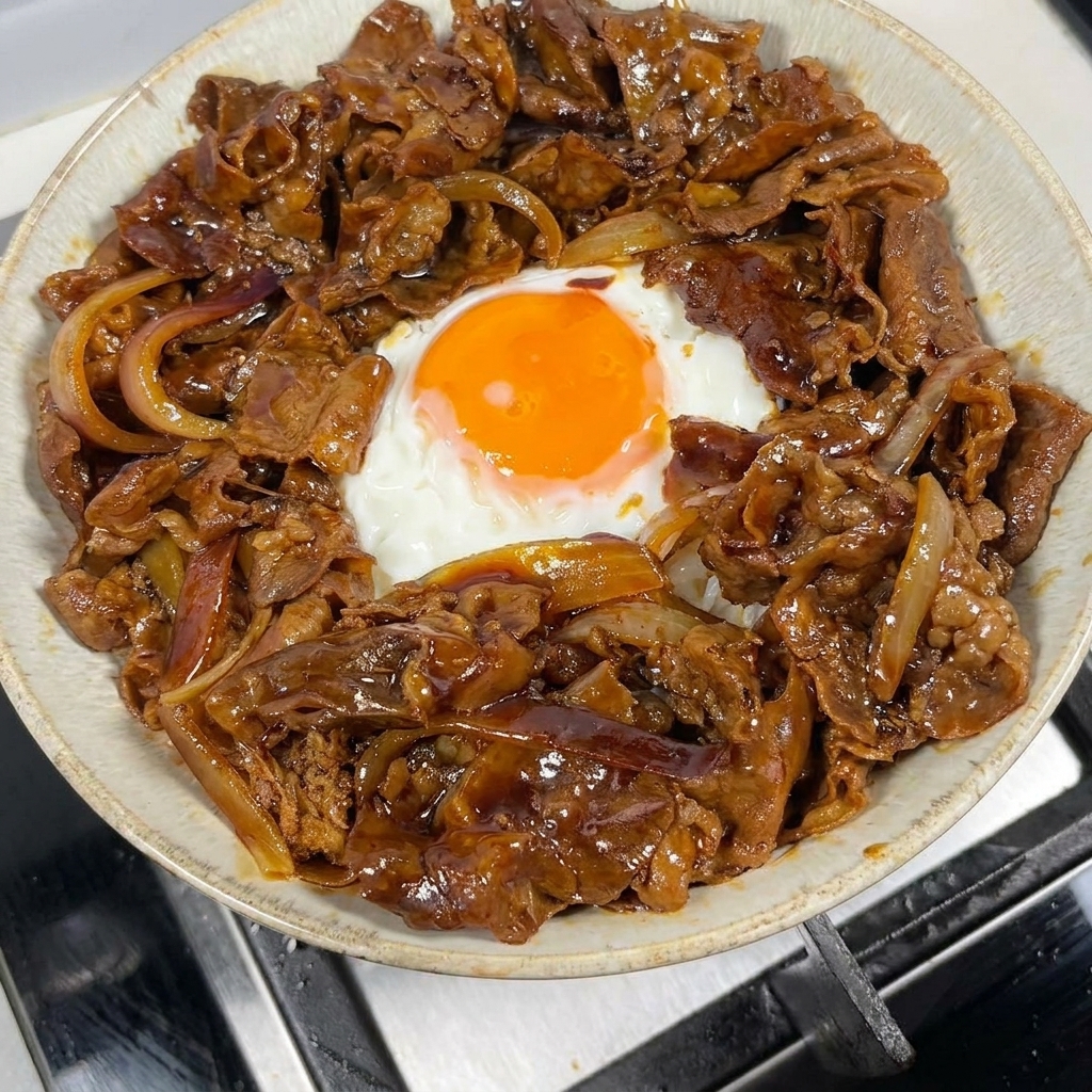 Miska z ryżem i jajkiem, wokół której ułożono błyszczącą wołowinę teriyaki.