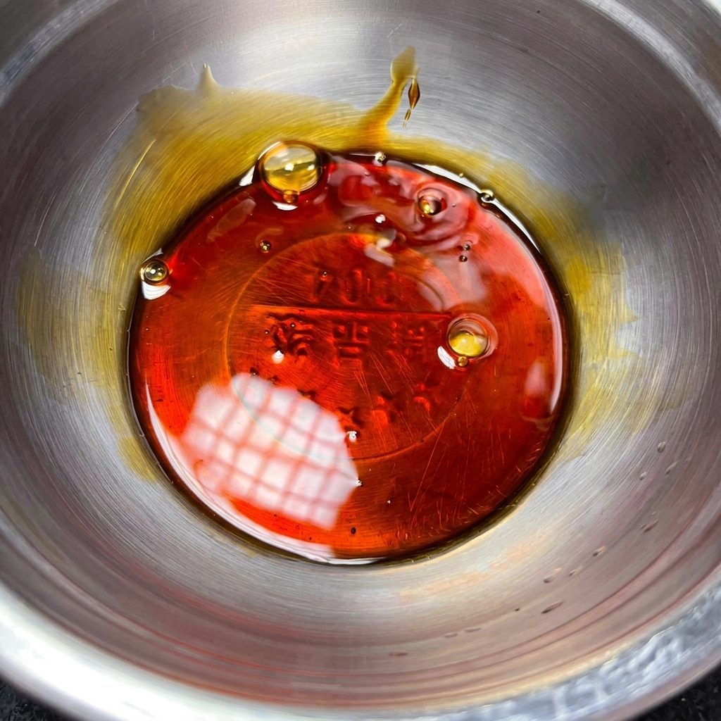 Metalowa miseczka z wymieszanymi składnikami sosu teriyaki.