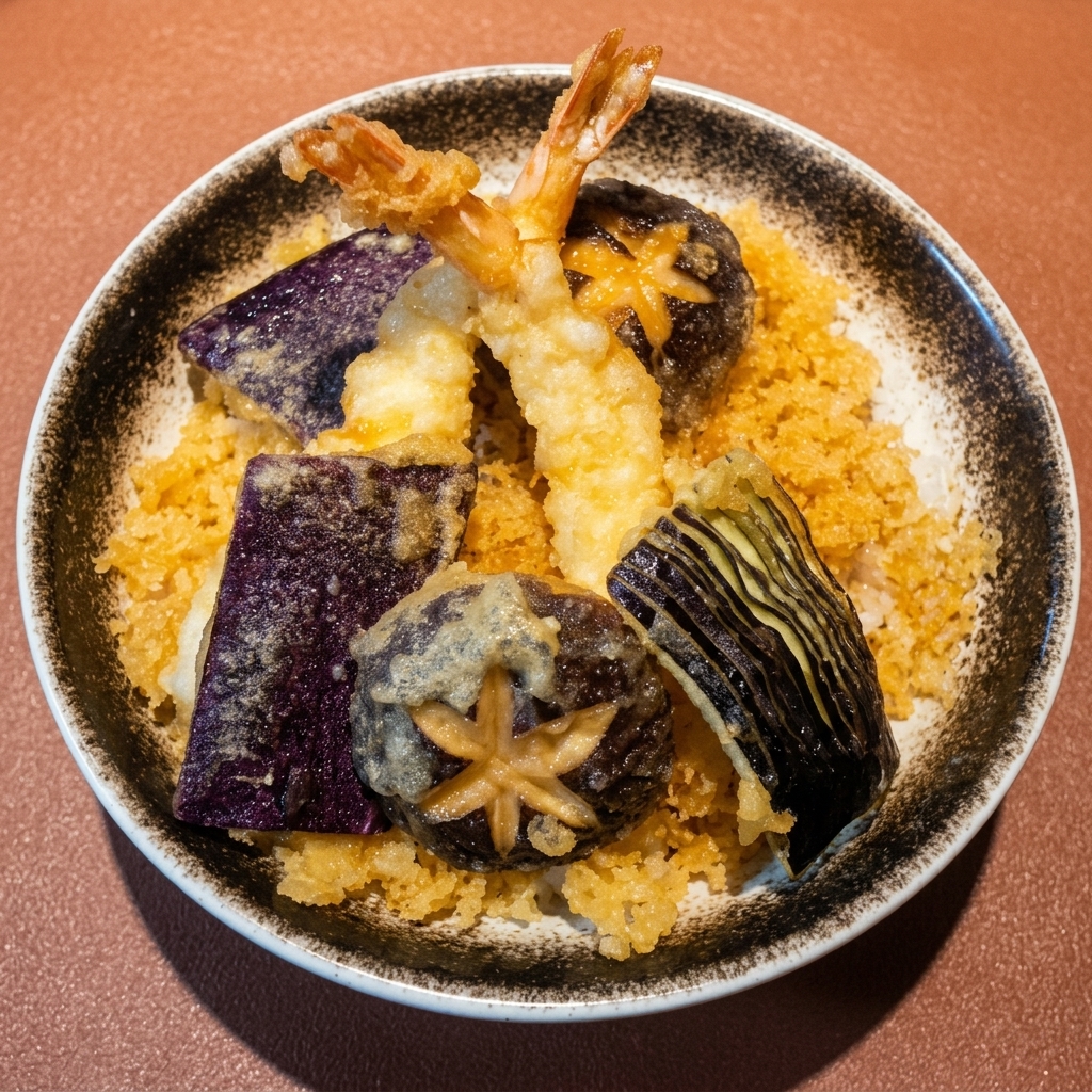 Piękna miska w stylu japońskim z Tempura Donburi, z krewetkami i plastrami bakłażana ułożonymi na ryżu z płatkami tempury.