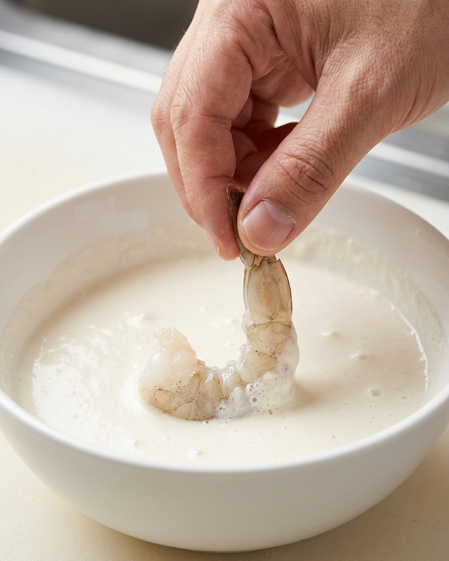 Krewetka zanurzana w misce z gładkim, białym ciastem tempura.