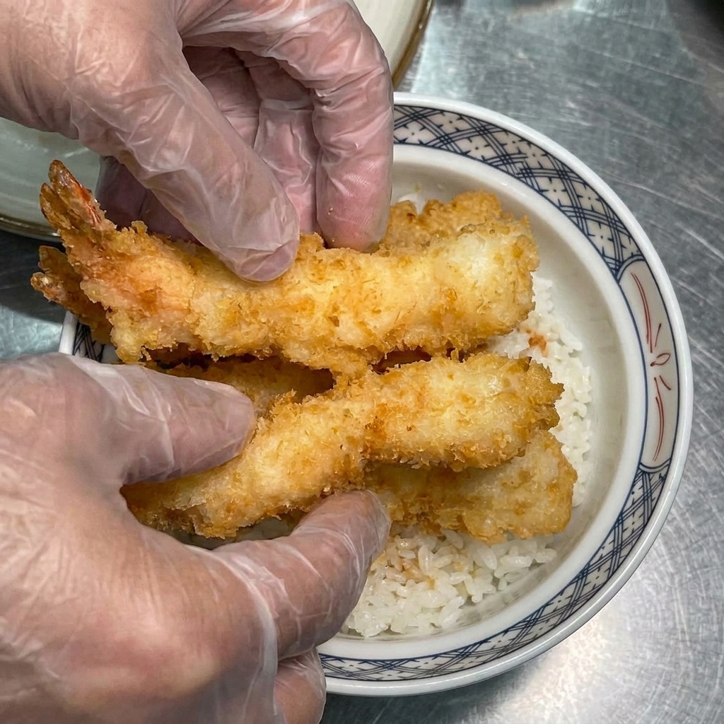 Usmażone krewetki układane na ryżu w misce.