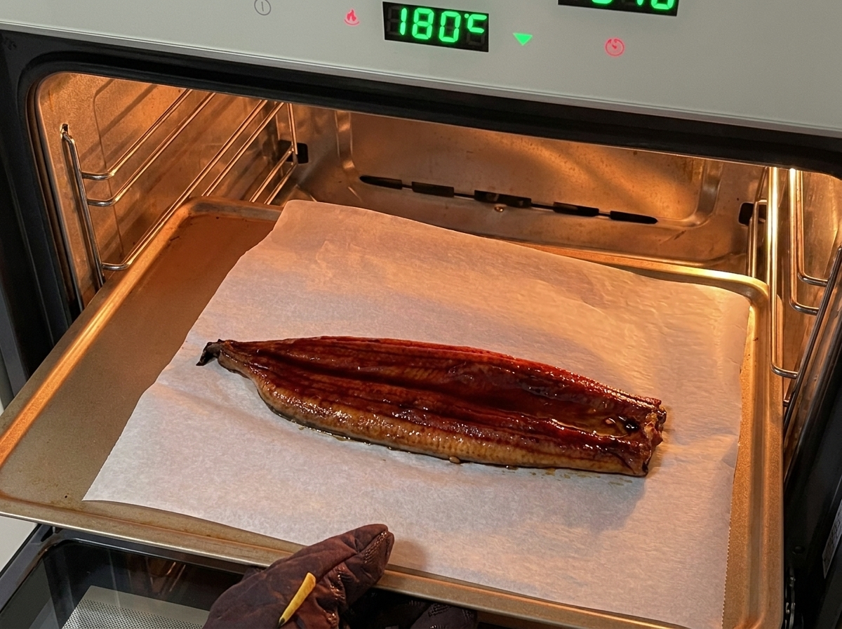 Filet z unagi na papierze do pieczenia w piekarniku ustawionym na 180°C.