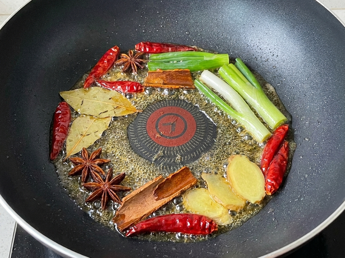 Mieszanka zielonej cebulki, suszonego chili i przypraw smażących się w oleju.