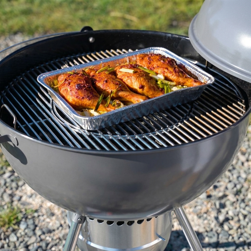 Udka z kurczaka na grillu pokrywane gęstym czerwonym sosem.