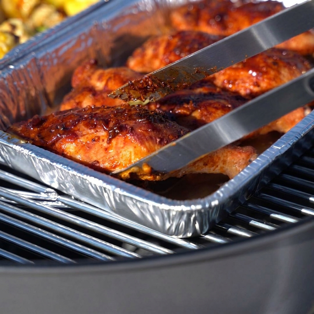 Dodawanie świeżego kimchi i białych klusek ryżowych do tacki na grillu.