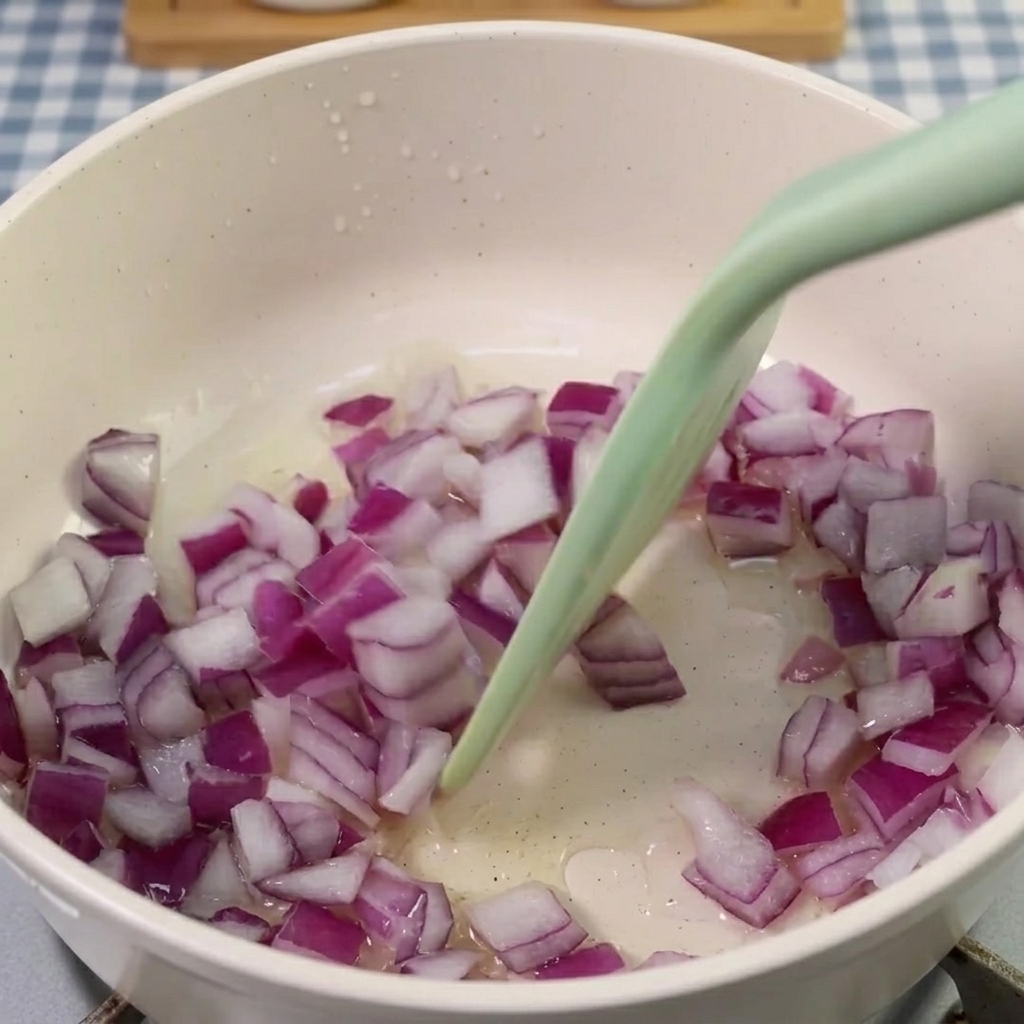 Kimchi dodawane do garnka z podsmażoną cebulą.