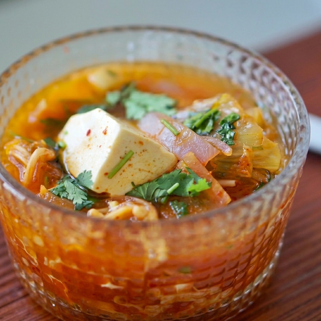 Kostki tofu delikatnie dodawane do gotującej się zupy kimchi.