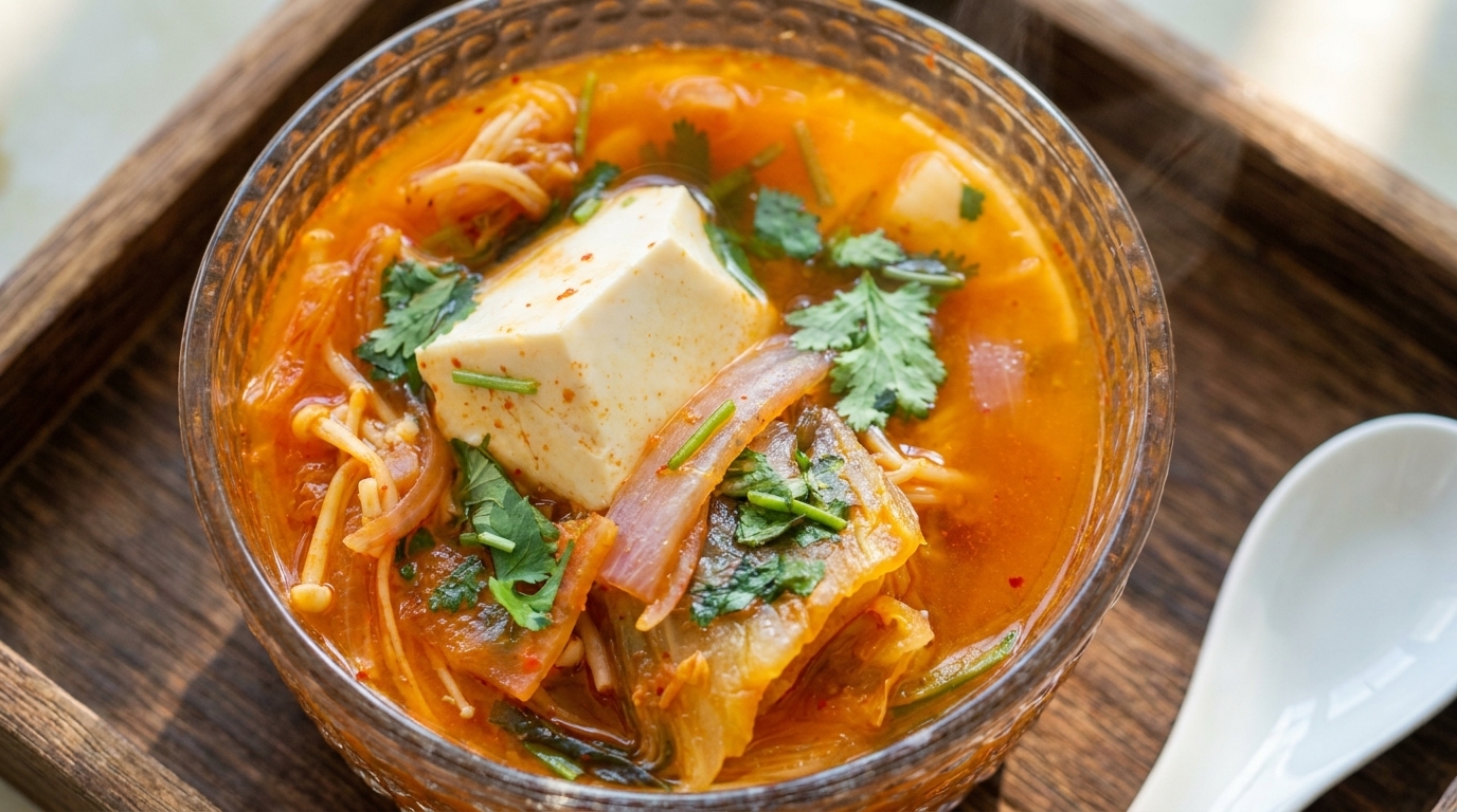 Koreańska zupa kimchi z tofu i grzybami enoki