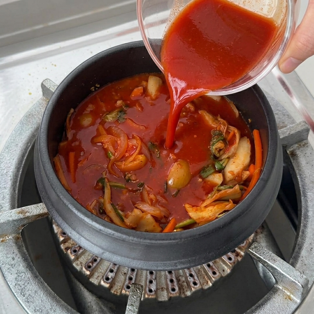 Plastry twardego tofu i pęczek grzybów enoki układane w bulgoczącym bulionie.