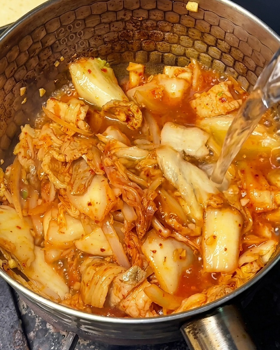 Gorąca woda wlewana na podsmażone kimchi i boczek w garnku.