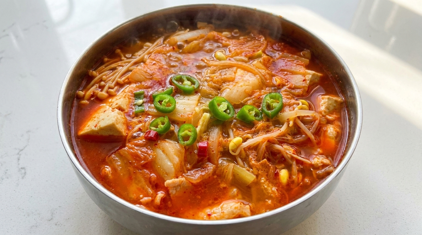 Gorąca miska pikantnej zupy kimchi z tofu, pełna wyrazistego wywaru, delikatnego tofu i świeżych warzyw.