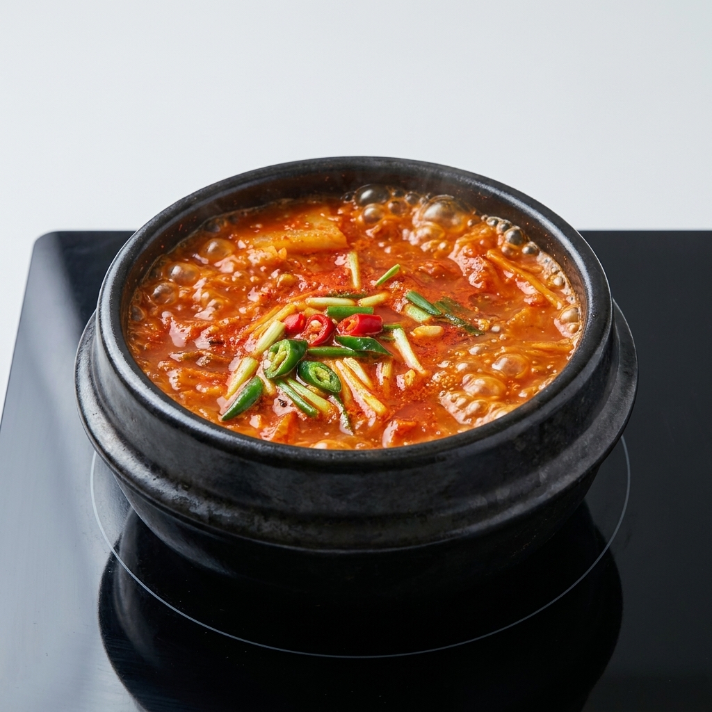 Pasta chili i pasta sojowa mieszane z podsmażanym kimchi i wieprzowiną w gorącym naczyniu.