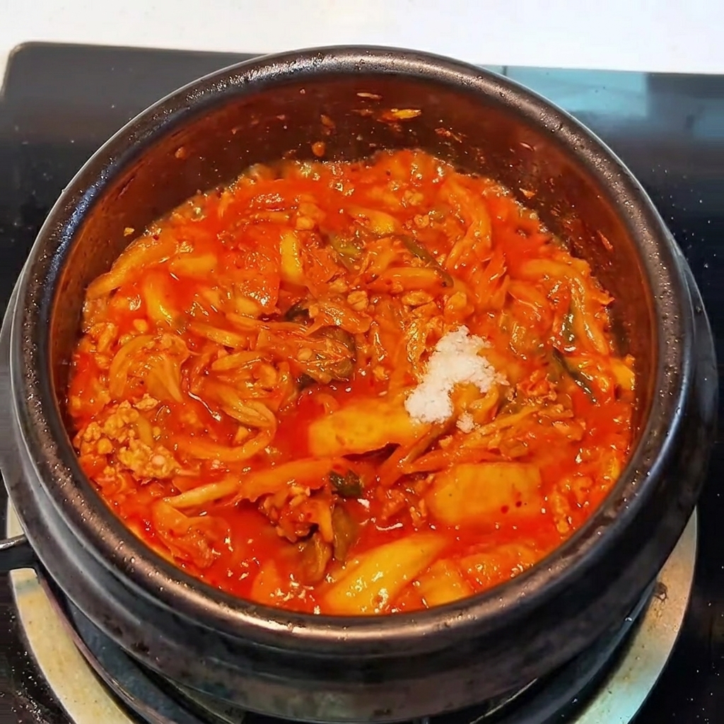Mała ilość białego cukru dodawana do duszącej się mieszanki kimchi i wieprzowiny w naczyniu.