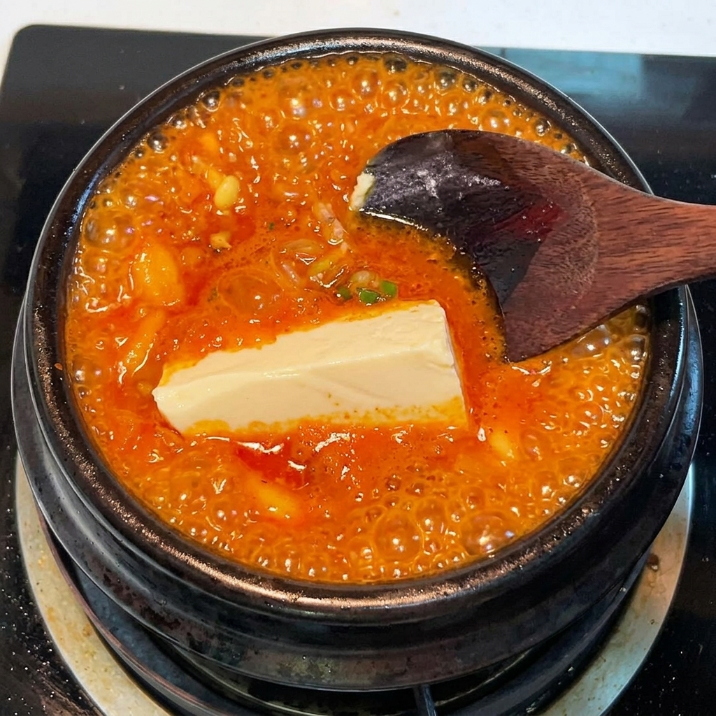 Kostka białego, jedwabistego tofu zanurzana w wibrującym, bulgoczącym czerwonym gulaszu kimchi.