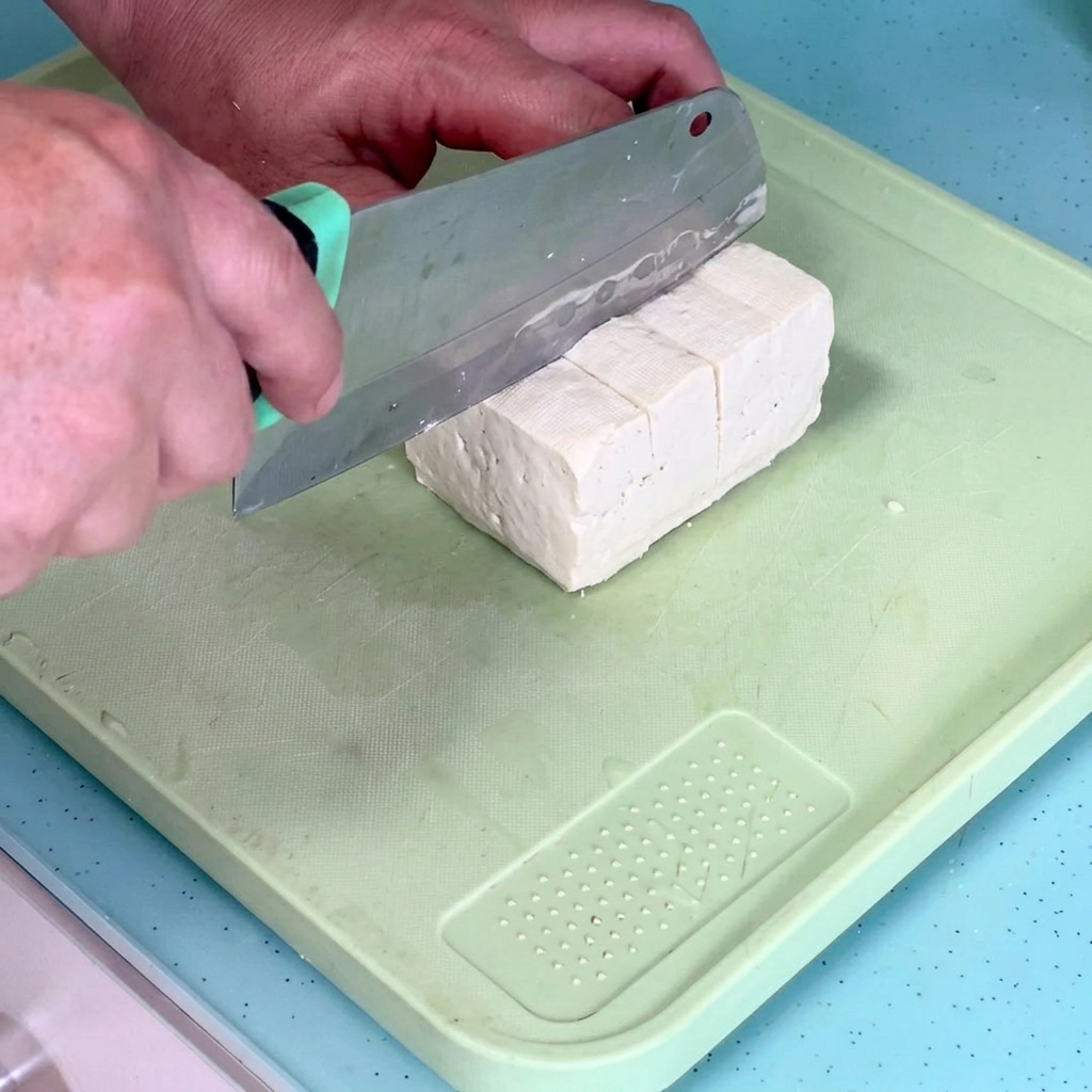 Blok tofu krojony na równe kawałki o grubości 0,8 cm na zielonej desce do krojenia.