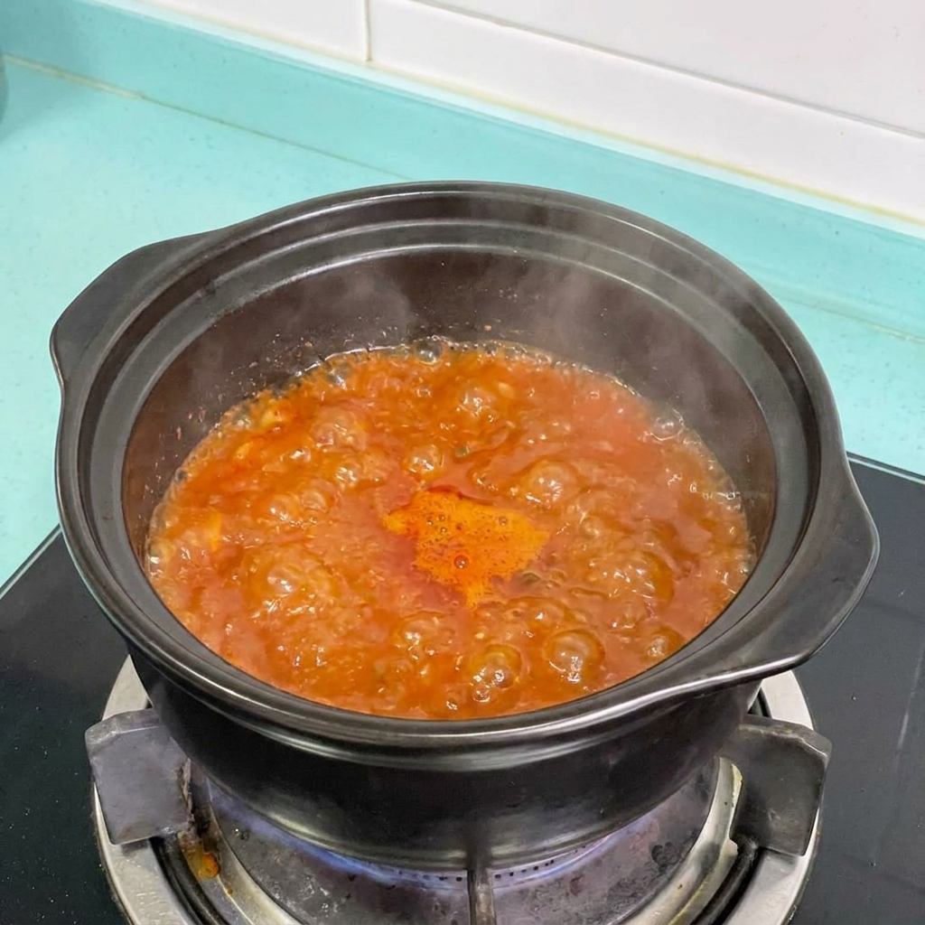 Cebula i tofu dodawane do gotującego się pikantnego czerwonego gulaszu.