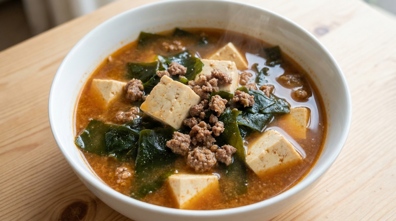 Miska pożywnej koreańskiej zupy z pasty sojowej z miękkim tofu, glonami wakame i doprawioną wołowiną.