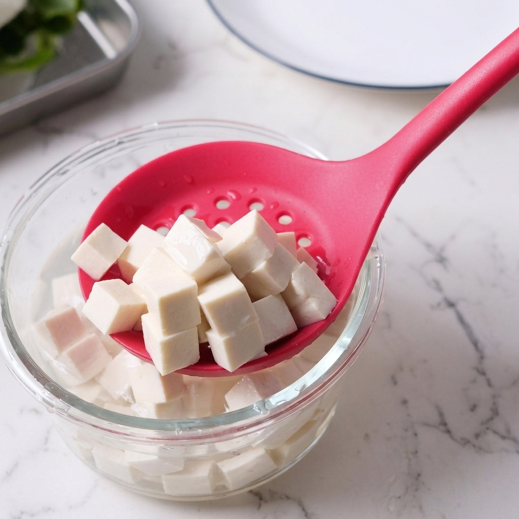 Pokrojone tofu wyjmowane z miski z wodą za pomocą różowej łyżki cedzakowej.