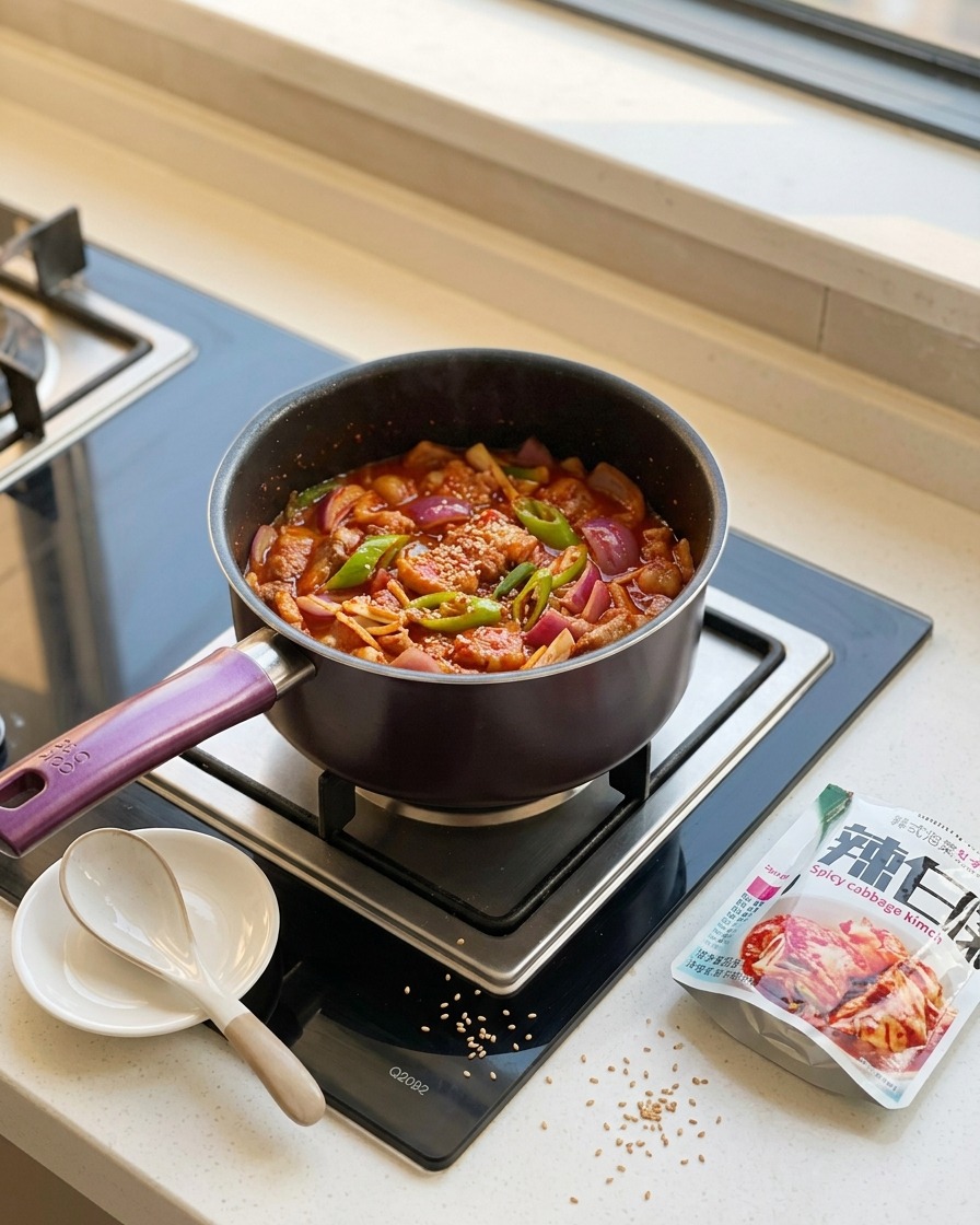 Smażenie kimchi z boczkiem i przyprawami w garnku.