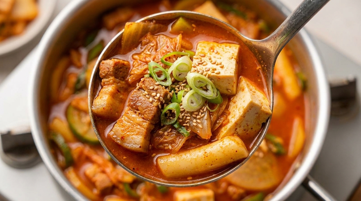 Pikantny gulasz z boczkiem, kluskami ryżowymi i tofu
