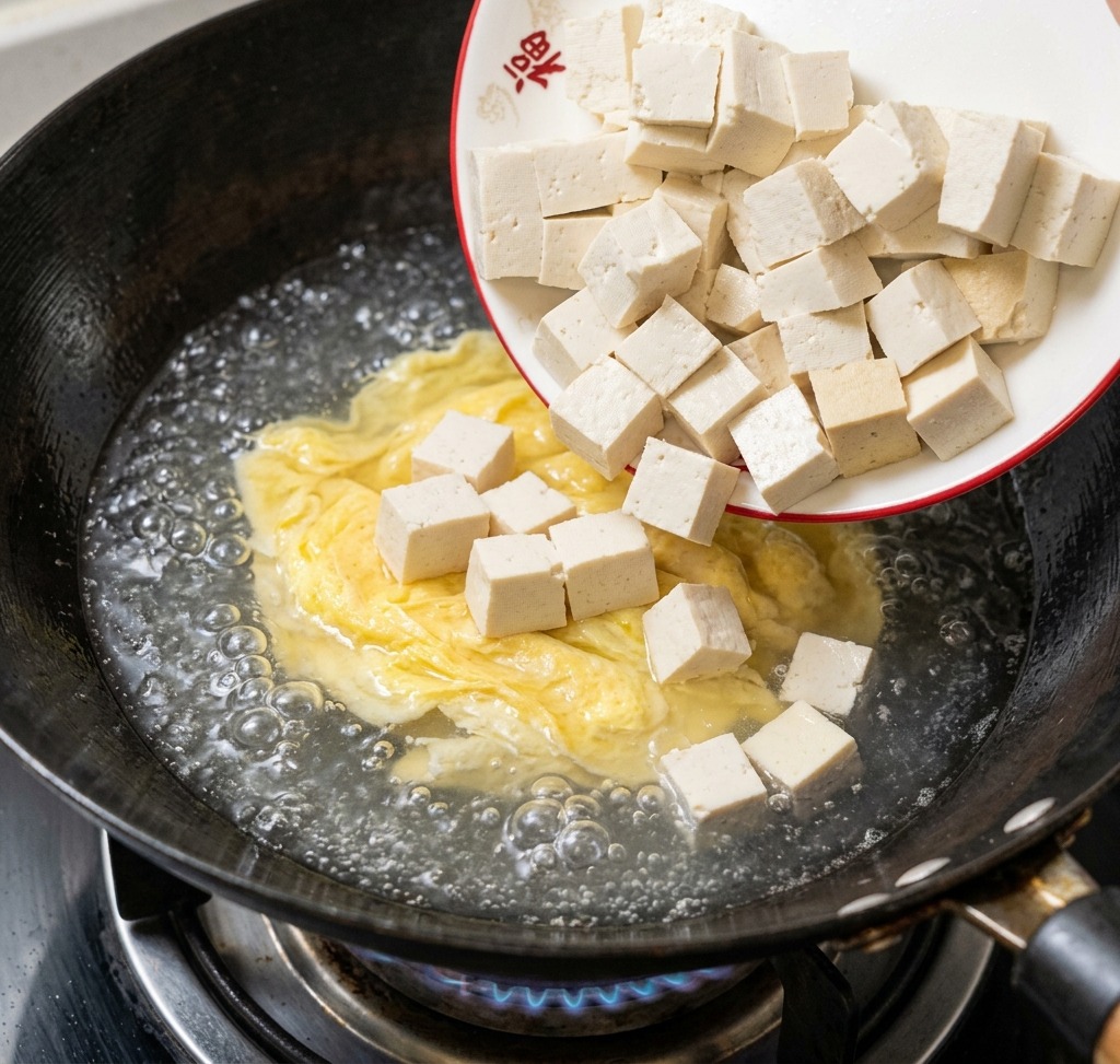 Kostki tofu dodawane do gotującego się jajecznego wywaru.