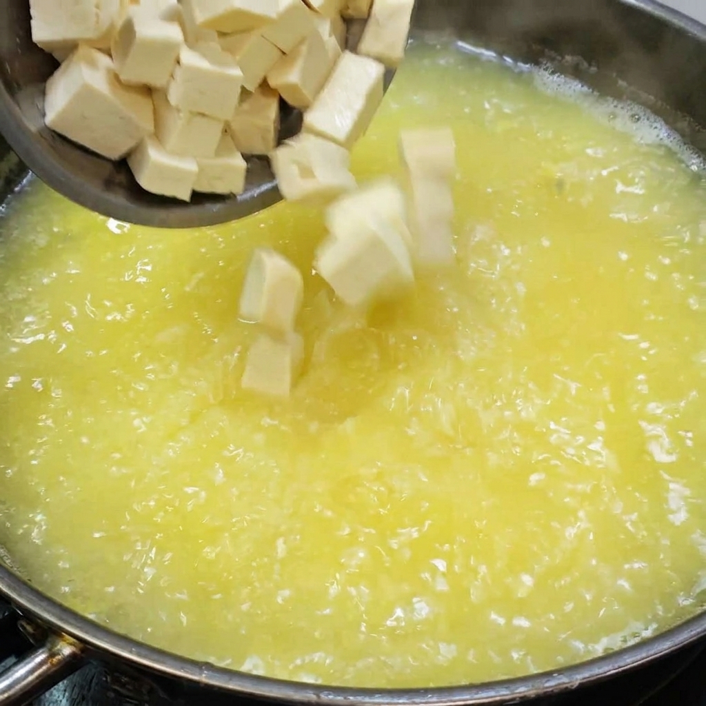 Kostki tofu dodawane do gotującego się wywaru z solonych jaj.