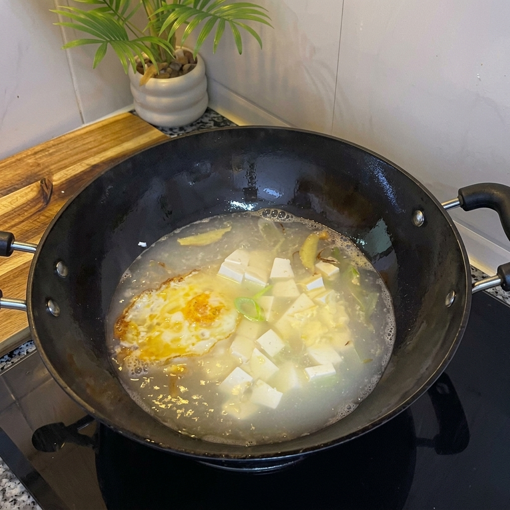 Bulion z jajkiem i kostkami tofu podczas doprawiania.