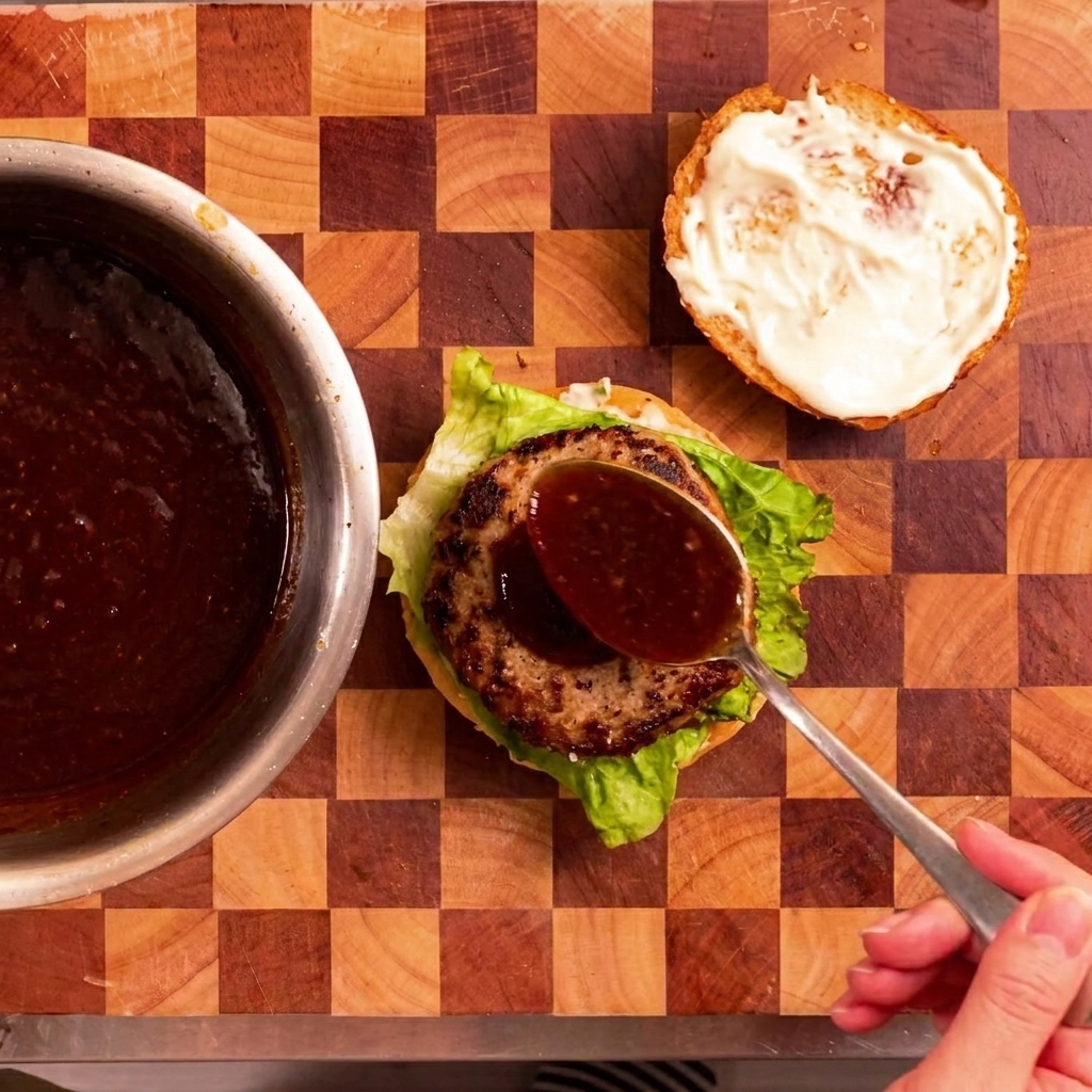 Zbliżenie: łyżka wylewa ciemny, lśniący sos teriyaki na usmażony kotlet wołowy na sałacie.