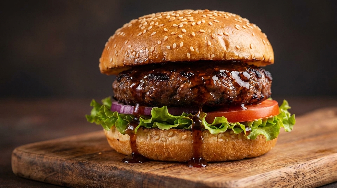 Gourmet burger teriyaki na opieczonej bułce z glazurowanym kotletem wołowym, świeżym pomidorem, czerwoną cebulą i sałatą.