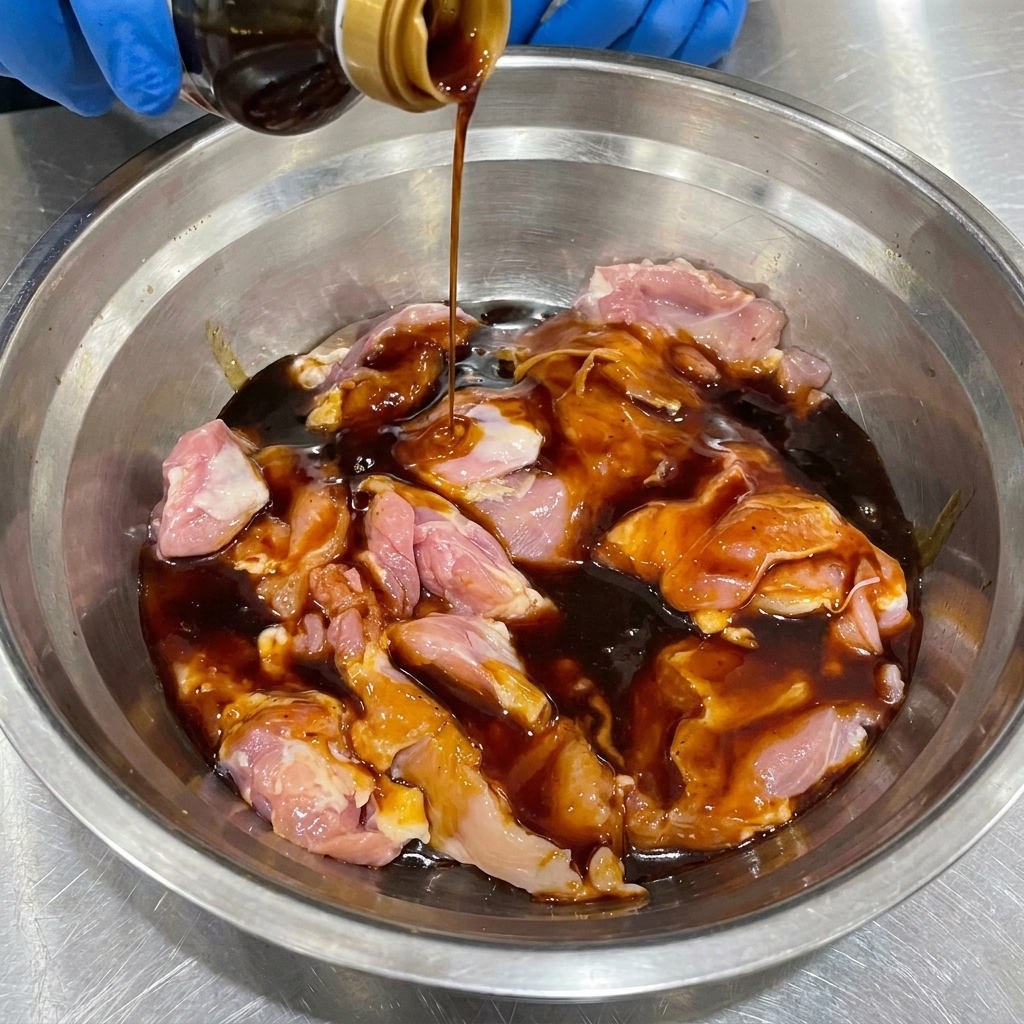 Surowe udka z kurczaka bez kości w metalowej misce, pokryte ciemnym japońskim sosem teriyaki.