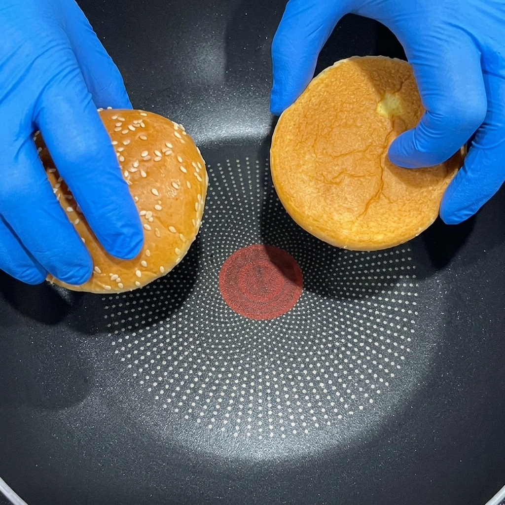 Bułki do burgerów brioche opiekane na patelni.